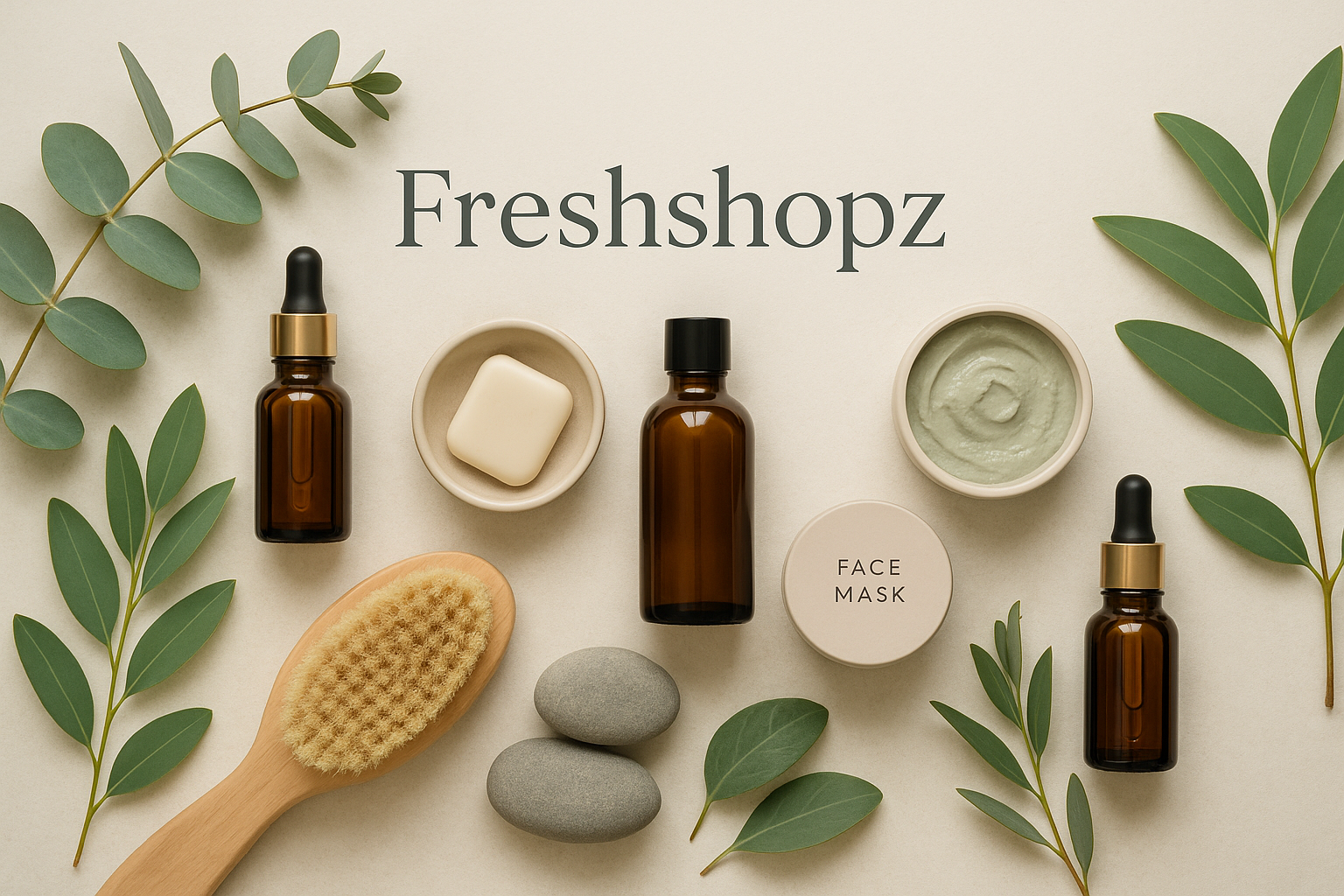 add something for the front page with name Freshshopz add oils, facemask leafs essuntial stuff it wil be in the main page so i want it less colored like not bright colors, we sell self care itesm and hygine items so keep it around that area