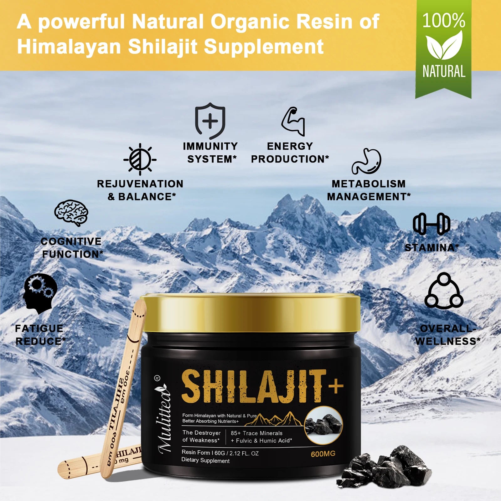 Mulittea 100% Pure Shilajit - 85+ Trace Minerals & Fulvic Acid for Energy & Focus