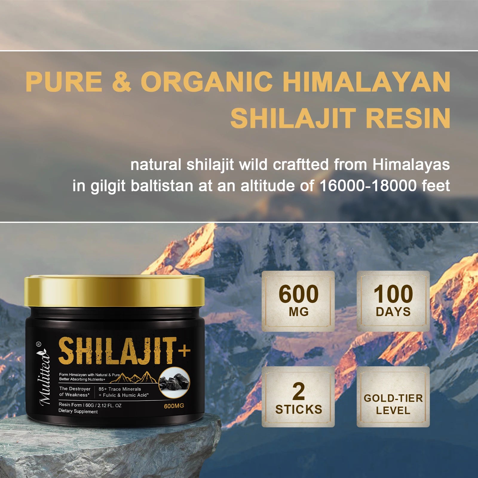 Mulittea 100% Pure Shilajit - 85+ Trace Minerals & Fulvic Acid for Energy & Focus